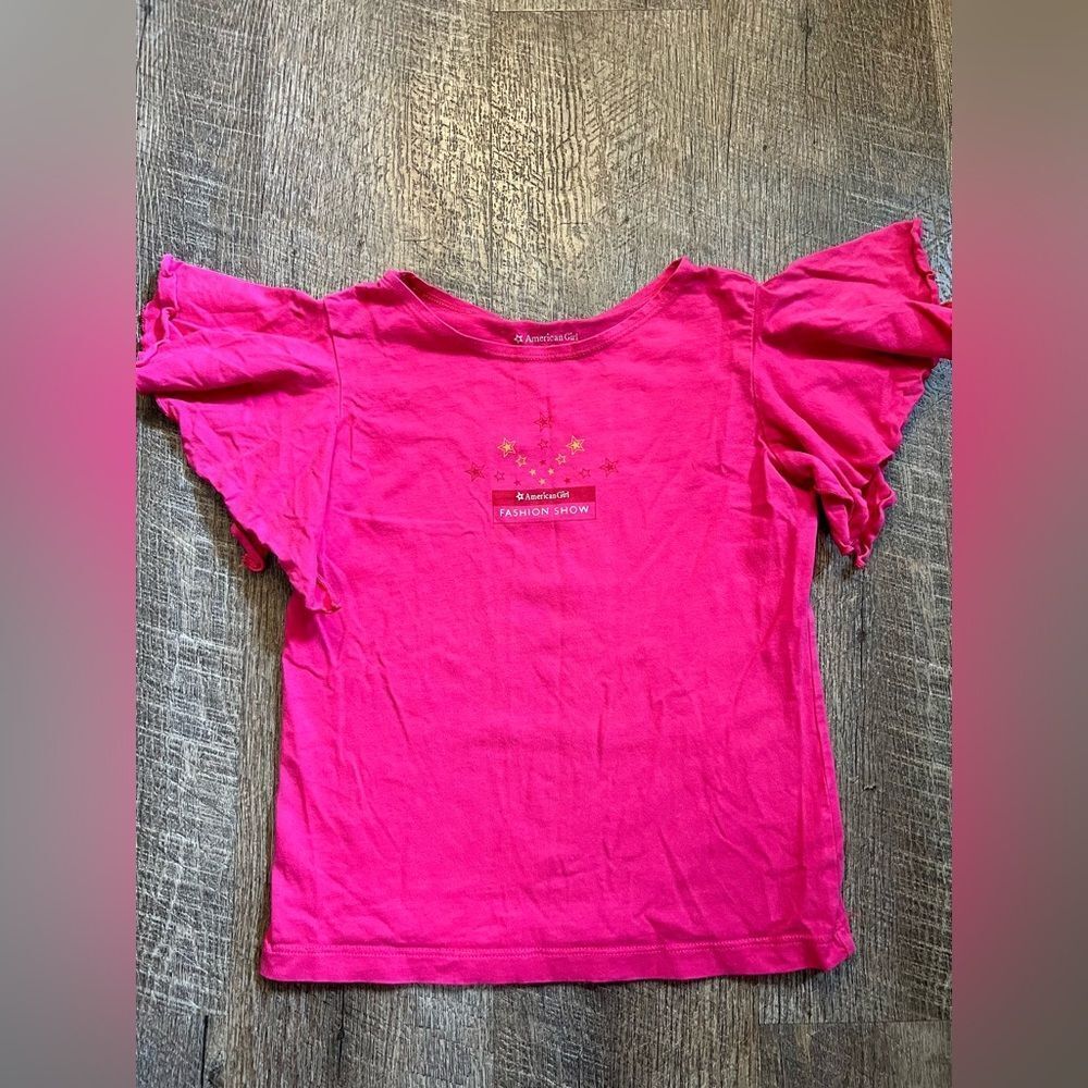 American Girl Fashion Show Girls 7/8 Hot Pink Gold Star Ruffle Sleeve Tee